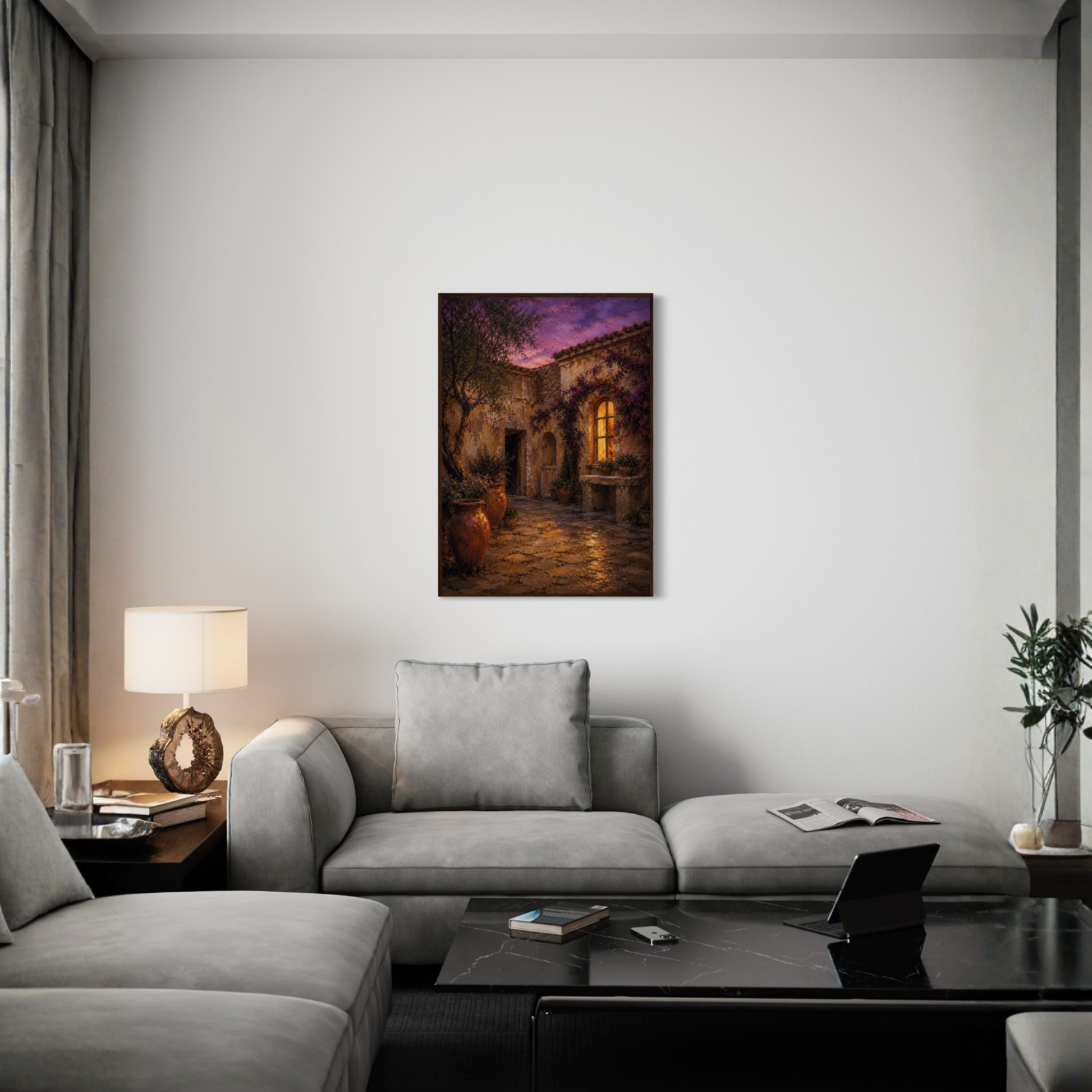 Night Courtyard Mediterranean framed art print displayed in a warm luxury interior.