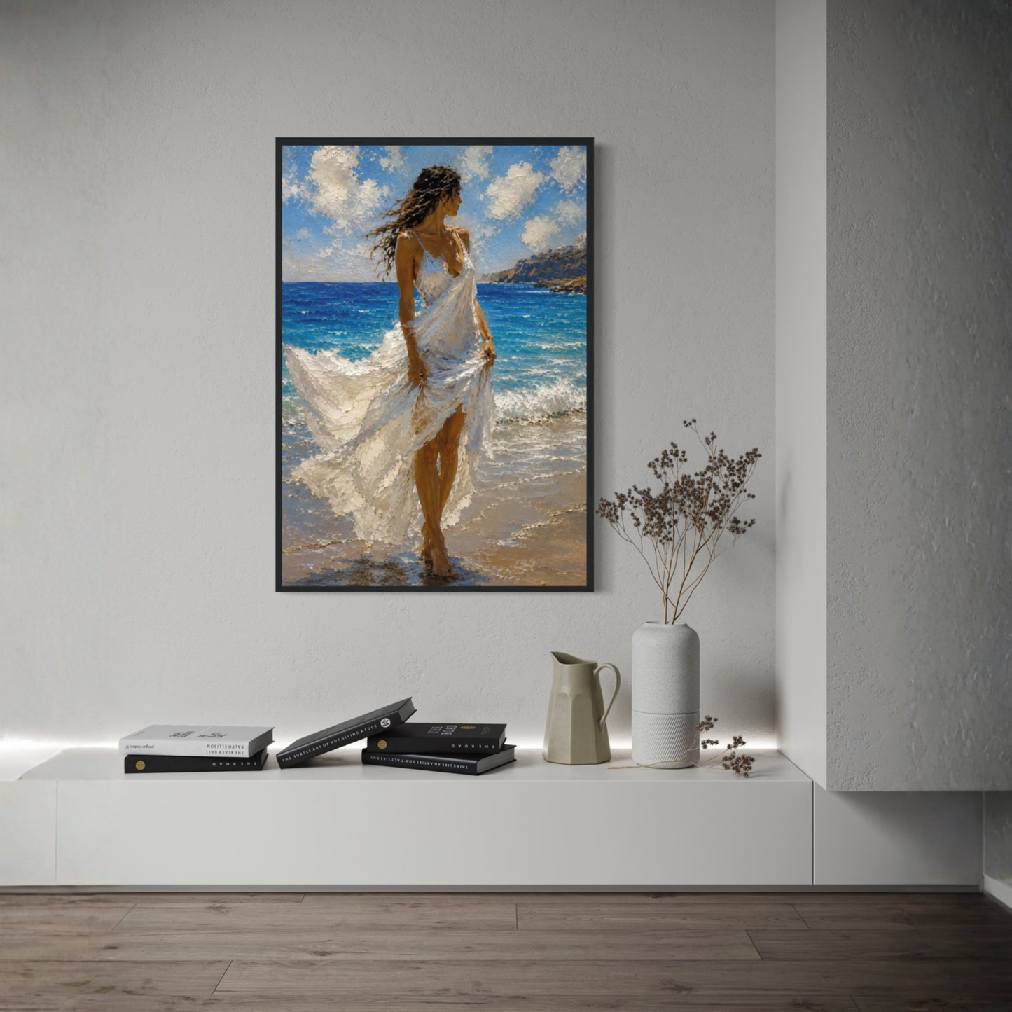 Windswept Mediterranean framed art print displayed in a calm luxury coastal interior.