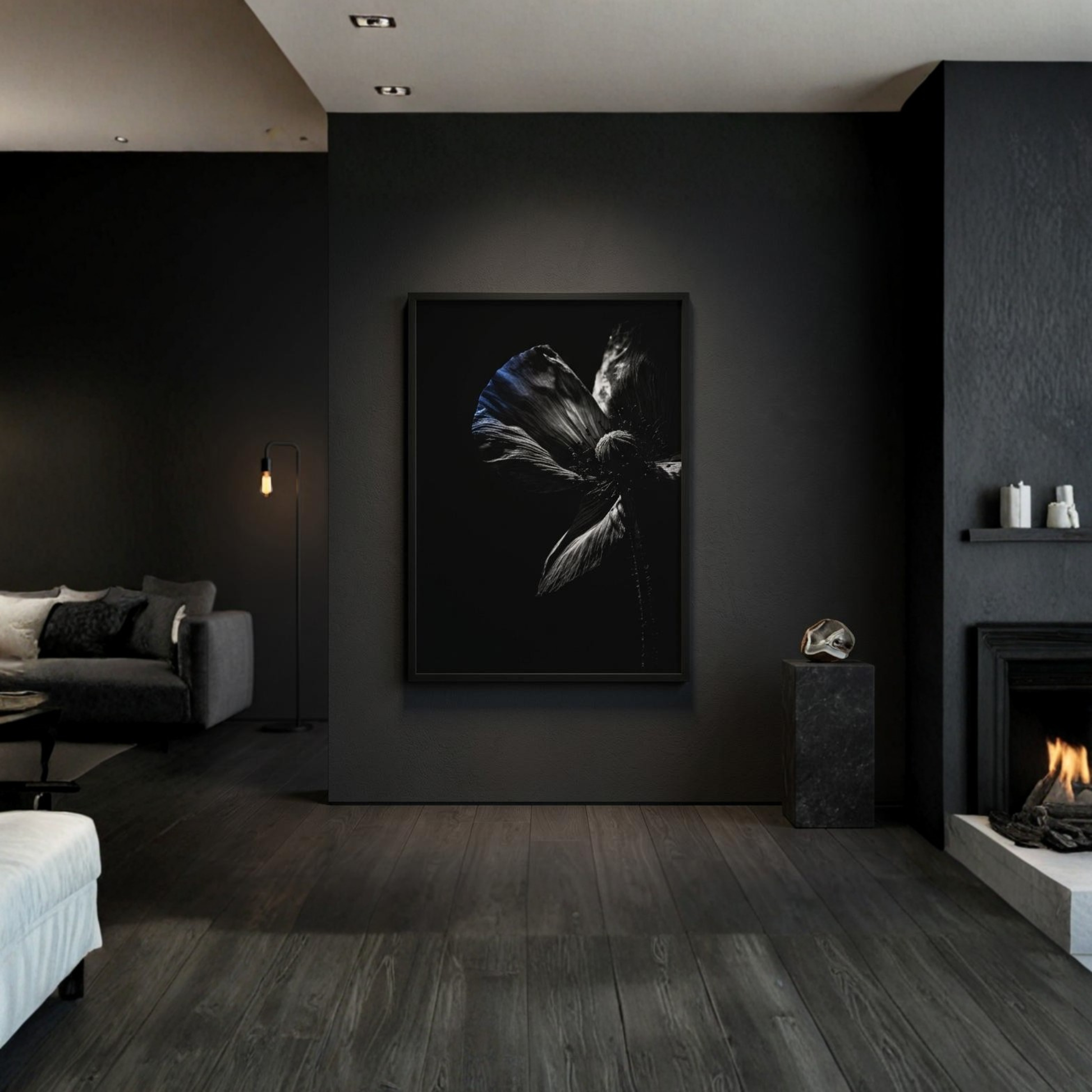 Framed fine art print titled DESCENT I — CONTROL by LunarHeartCo, 50x70 cm, with abstract design and modern black frame.