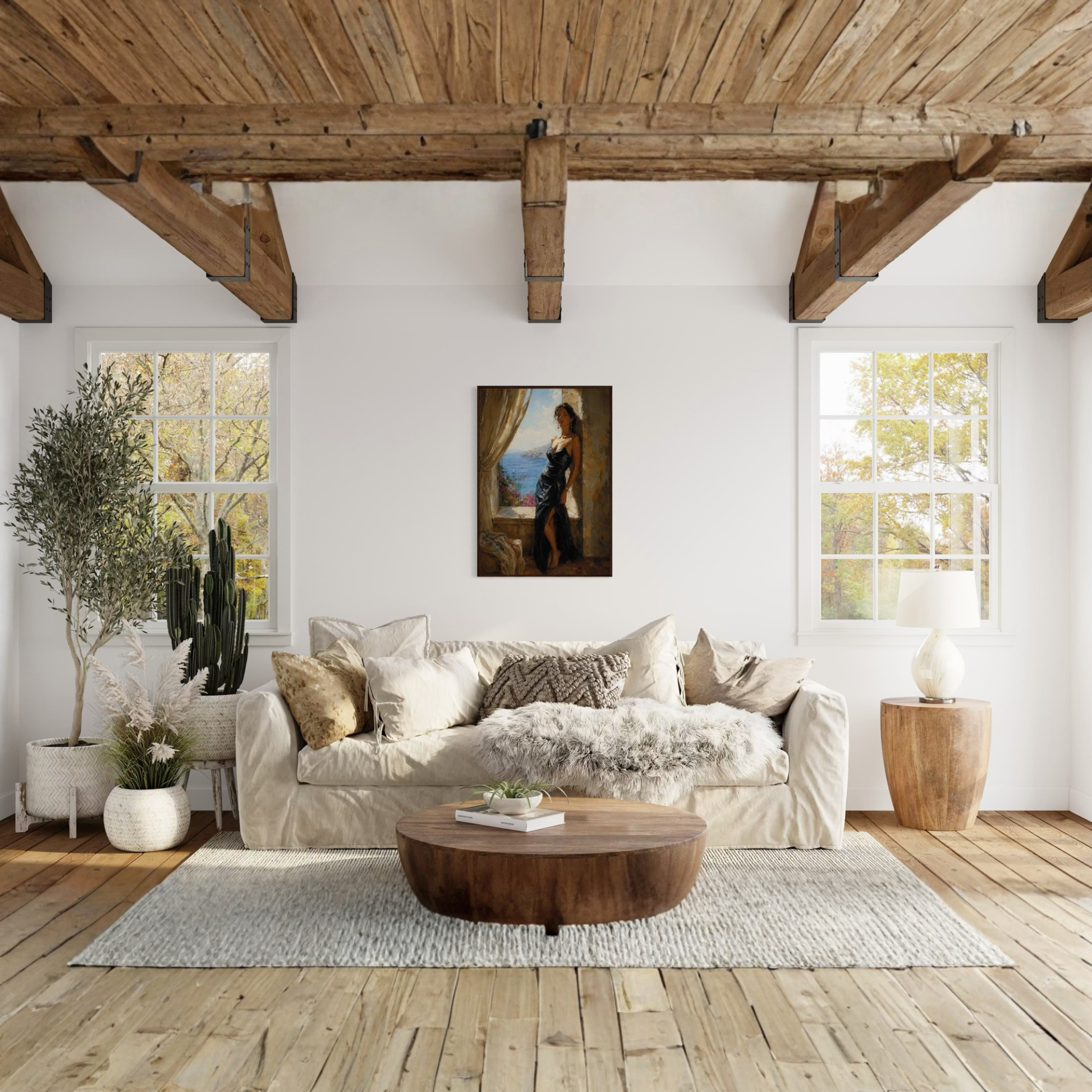 The Alcove Mediterranean framed art print displayed in a living room with wooden beams, white walls, and a sofa with decorative pillows.