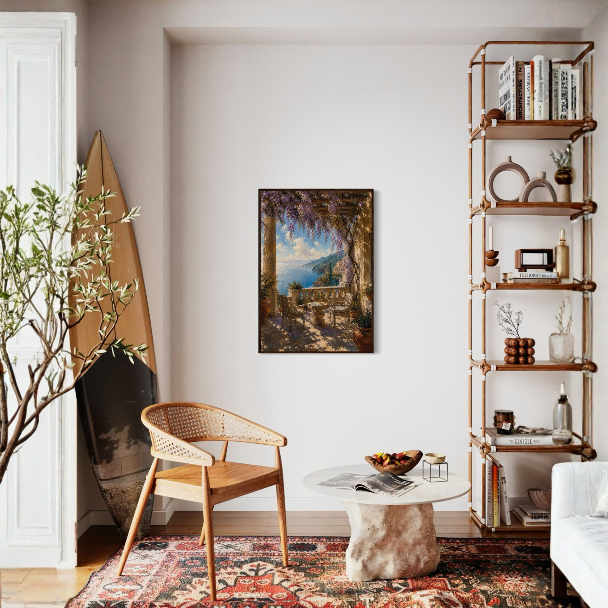 Framed wall art print titled "The Terrace" from LunarHeartCo featuring Mediterranean landscape scene with vibrant colors and detailed framing.