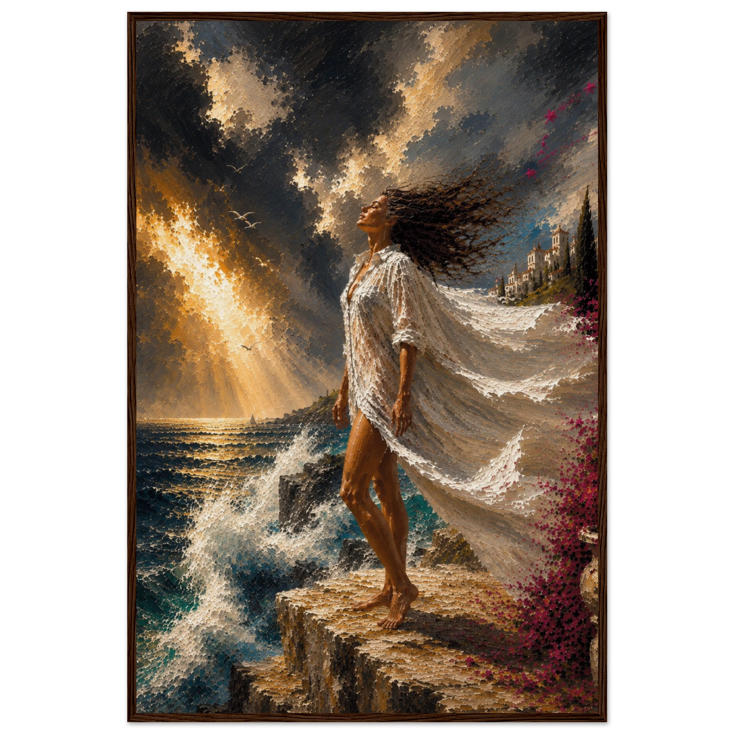 Dramatic Mediterranean coastal wall art displayed in a dark wood frame.