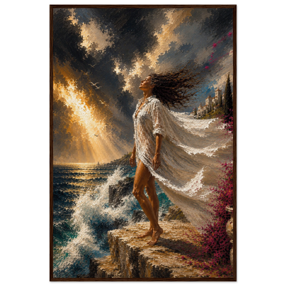 Dramatic Mediterranean coastal wall art displayed in a dark wood frame.