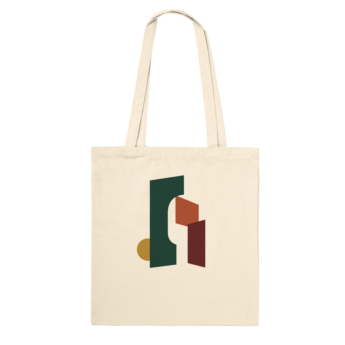 THE THRESHOLD natural cotton tote featuring forest-green, rust, burgundy and ochre abstract architectural forms.