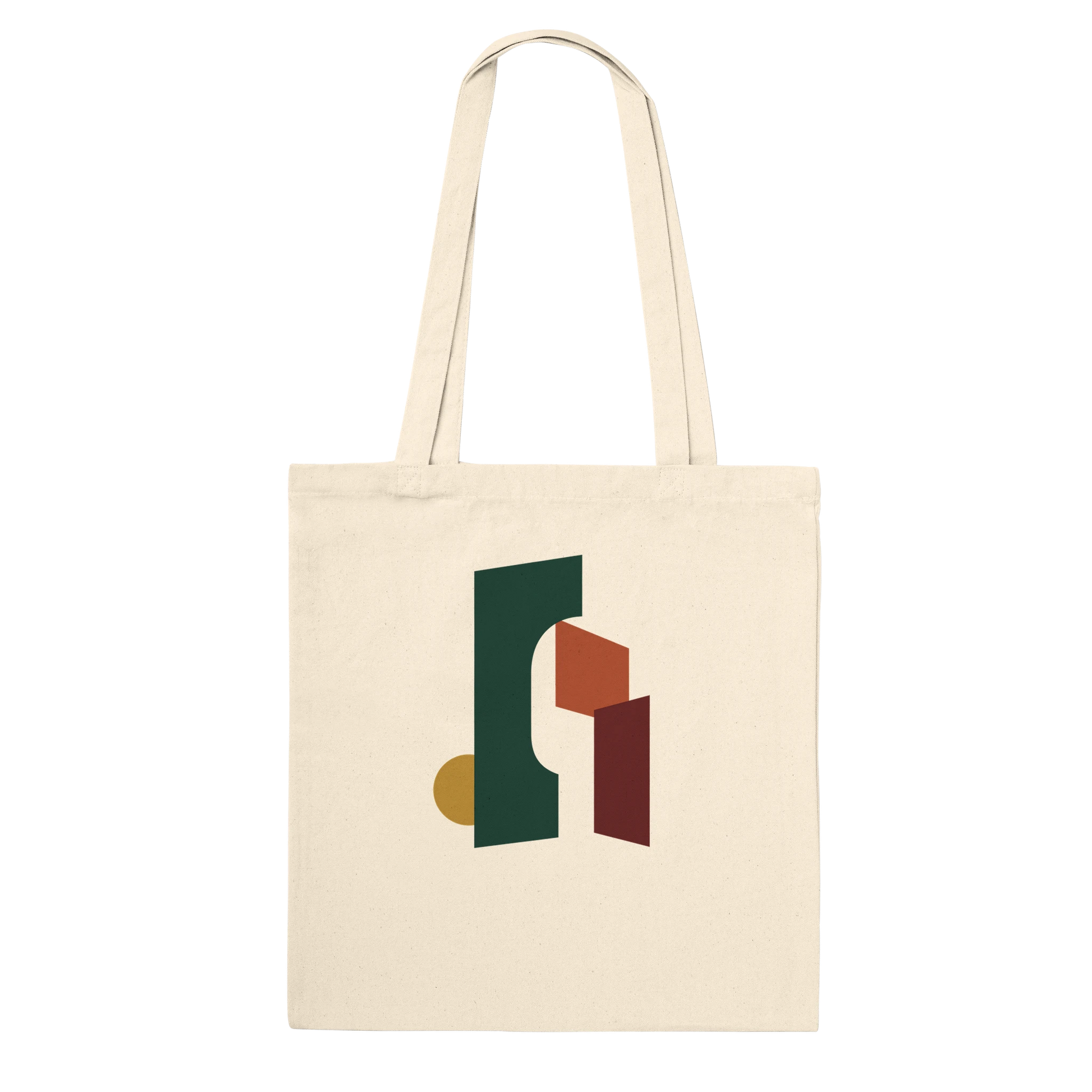 THE THRESHOLD natural cotton tote featuring forest-green, rust, burgundy and ochre abstract architectural forms.