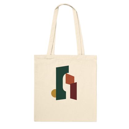 THE THRESHOLD natural cotton tote featuring forest-green, rust, burgundy and ochre abstract architectural forms.