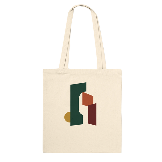 THE THRESHOLD natural cotton tote featuring forest-green, rust, burgundy and ochre abstract architectural forms.