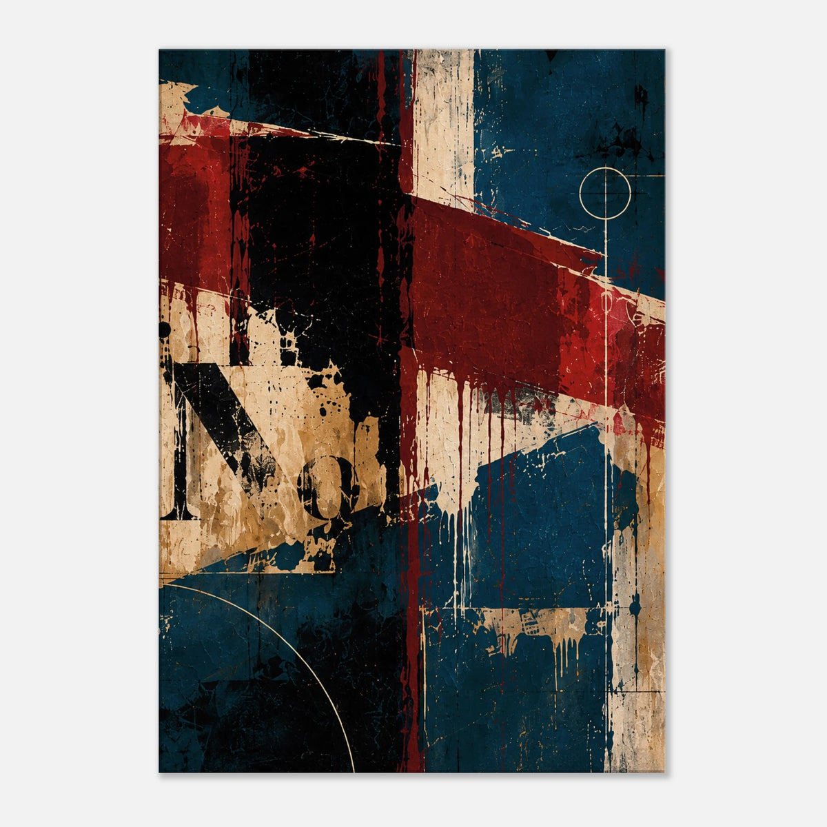 Interference teal and burgundy abstract canvas art with weathered ivory, black structural forms and fine linear details.