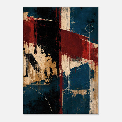 Interference teal and burgundy abstract canvas art with weathered ivory, black structural forms and fine linear details.