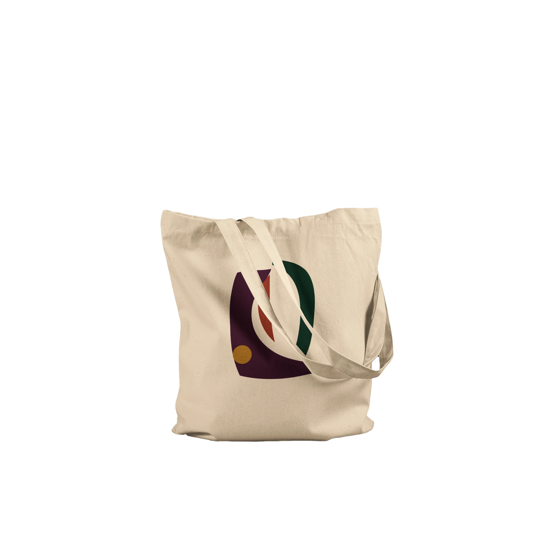 Folded THE VESSEL natural cotton tote showing its aubergine, forest-green, rust and ochre abstract artwork.