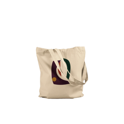 Folded THE VESSEL natural cotton tote showing its aubergine, forest-green, rust and ochre abstract artwork.