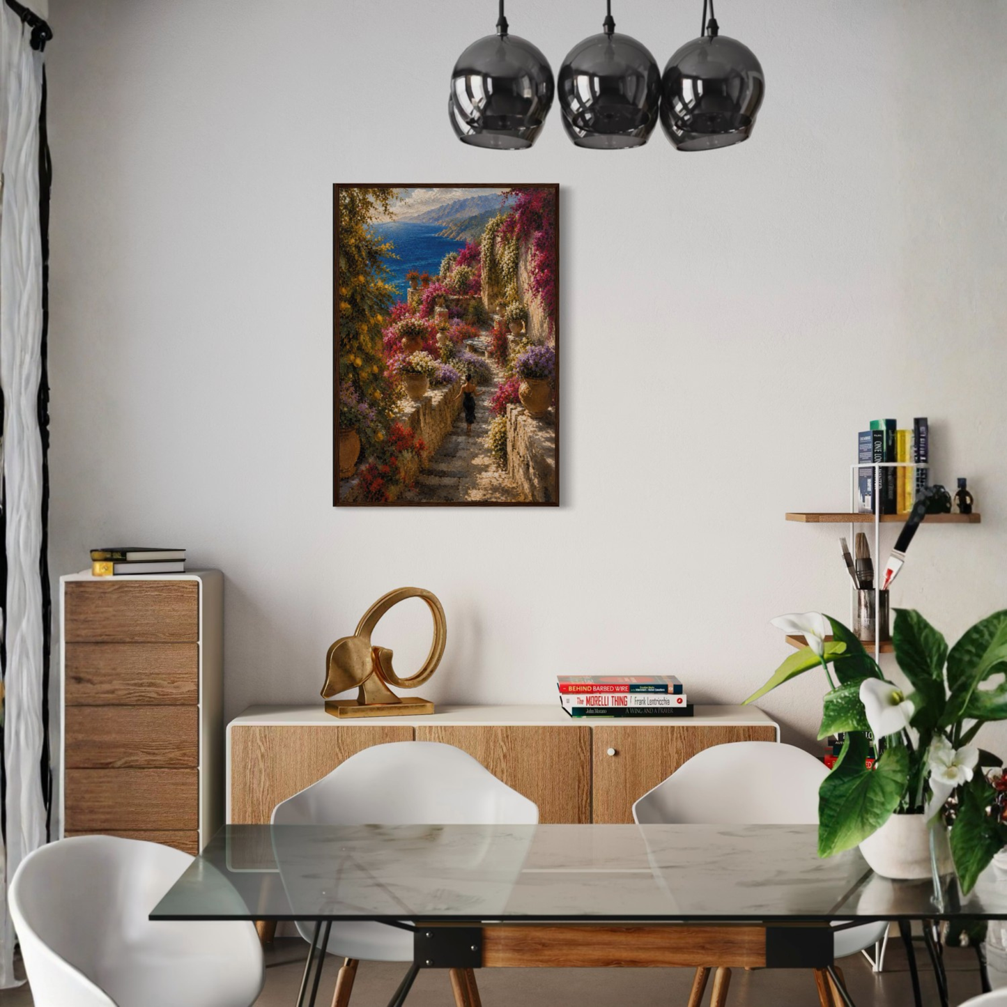 Framed art print of "The Garden" from Mediterranean Studies by LunarHeartCo, featuring vibrant garden scene with lush greenery and colorful flowers.