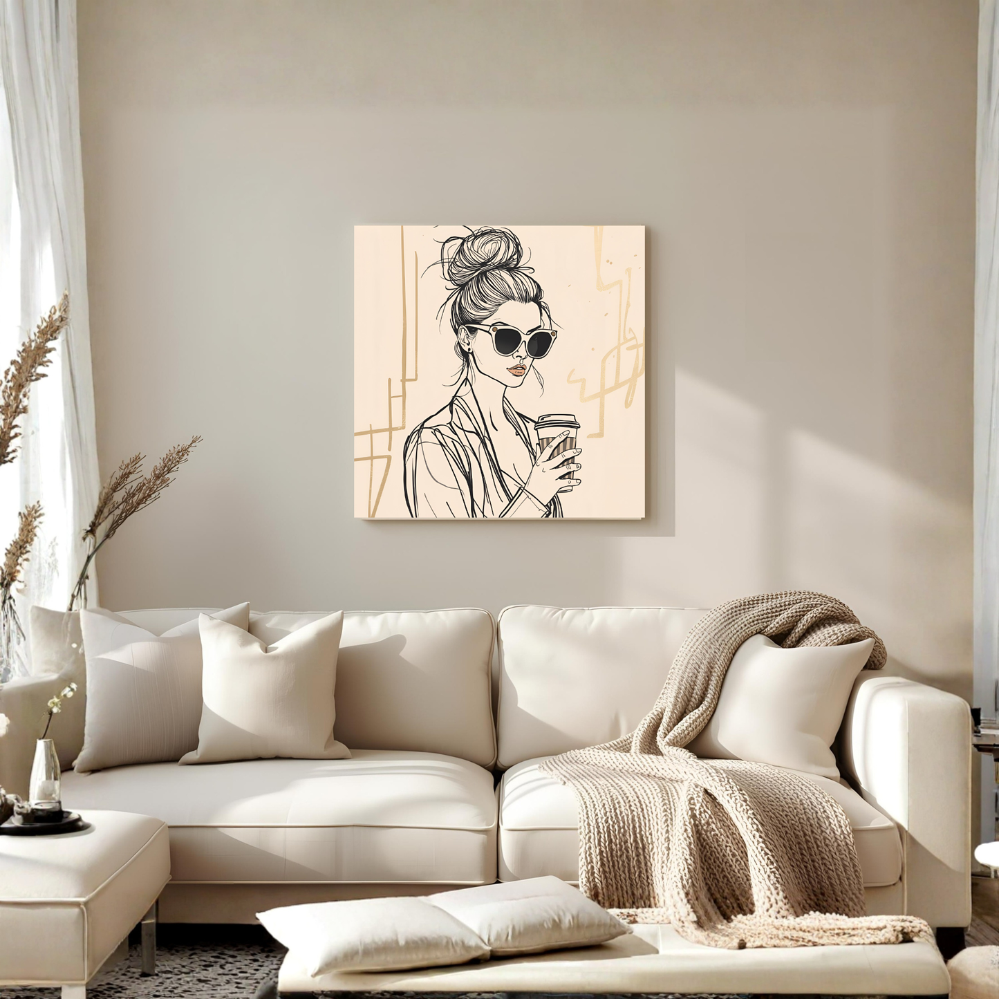 Beige Line-Art Coffee Girl – 16×16 Fashion Illustration Canvas Wall Art - LunarHeartCo
