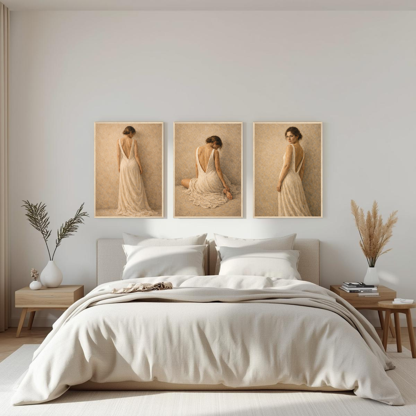 Stillness, Held — Complete 3-Piece Series, Contemporary Figurative Framed Art (50×70 cm) - LunarHeartCo