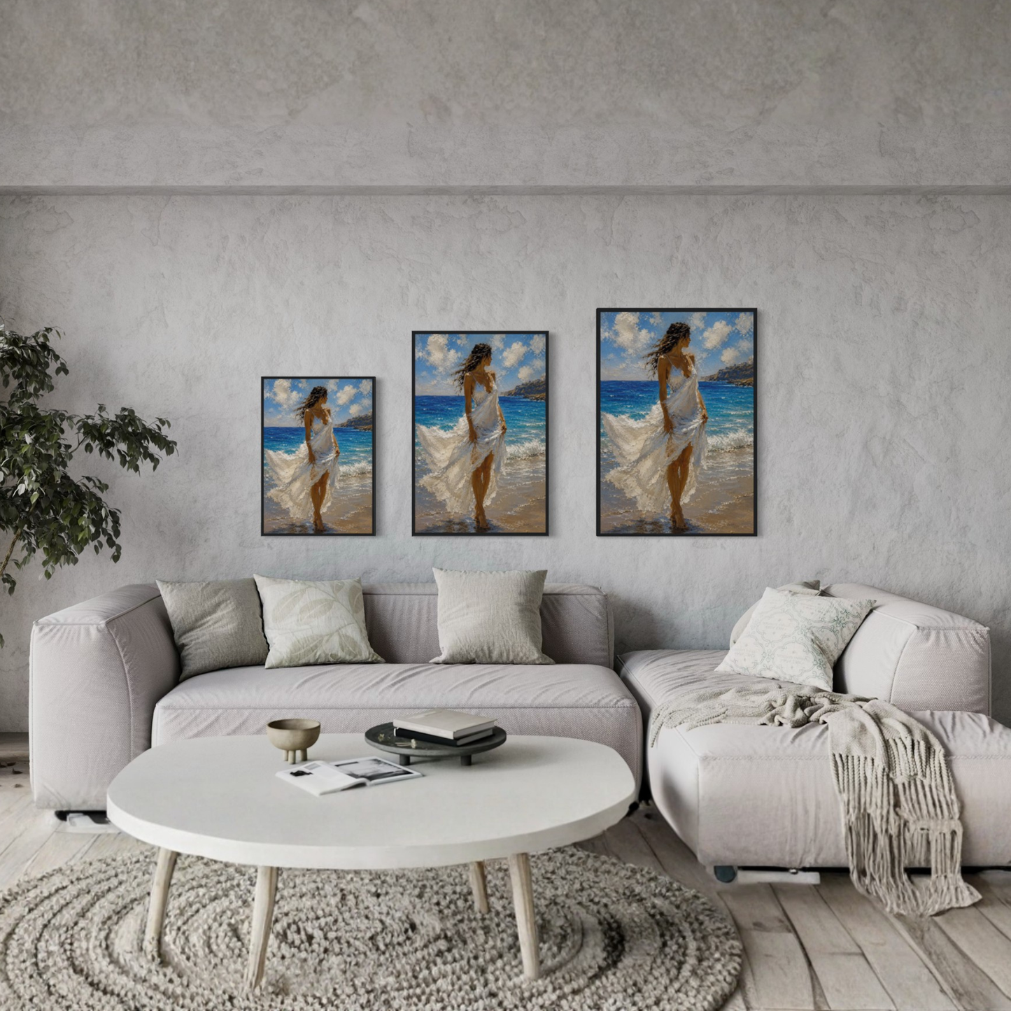 Windswept Mediterranean framed art print displayed in a calm luxury coastal interior.