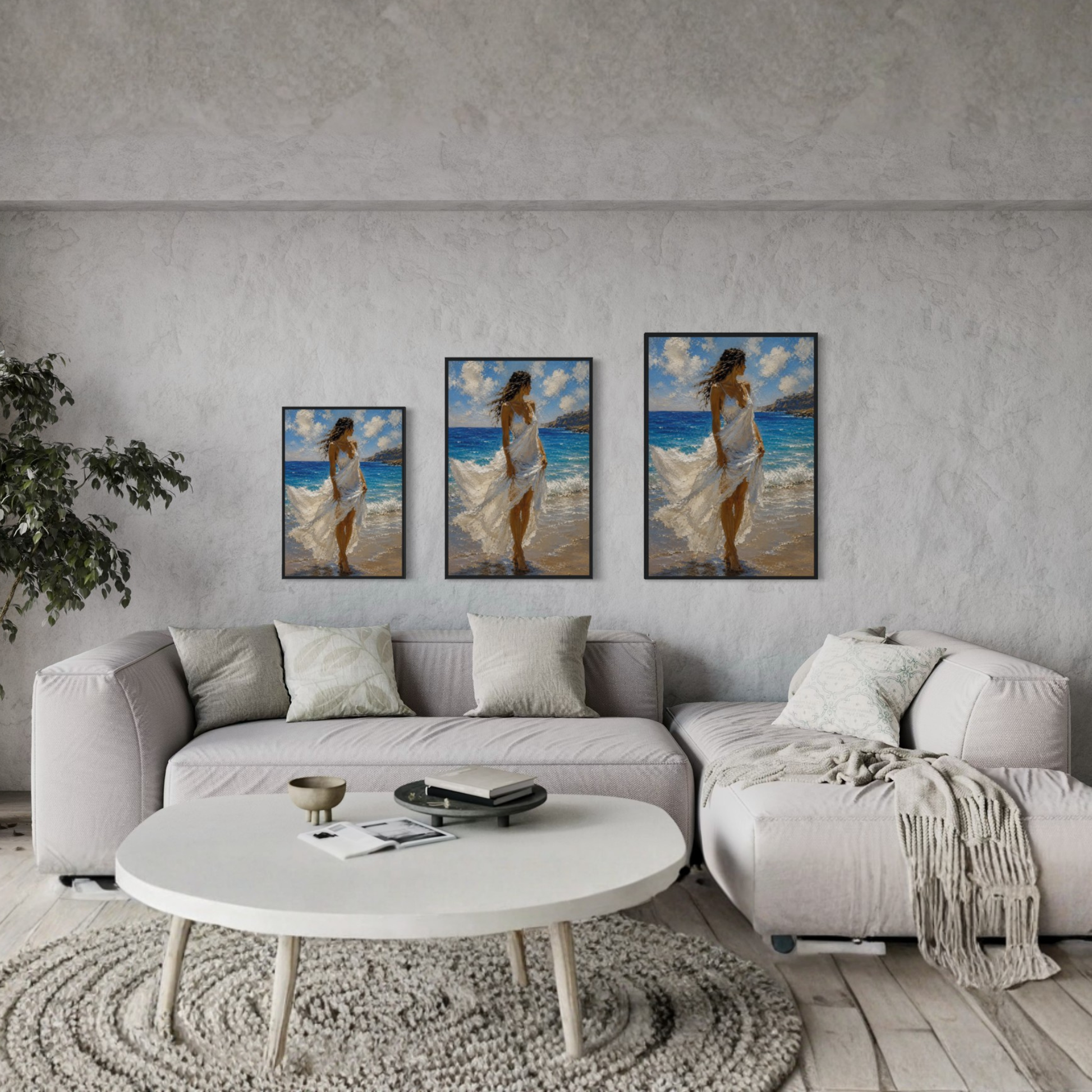 Windswept Mediterranean framed art print displayed in a calm luxury coastal interior.