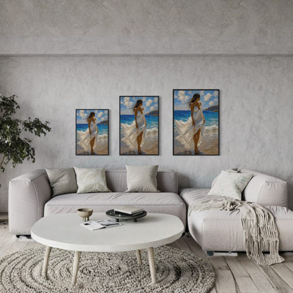 Windswept Mediterranean framed art print displayed in a calm luxury coastal interior.