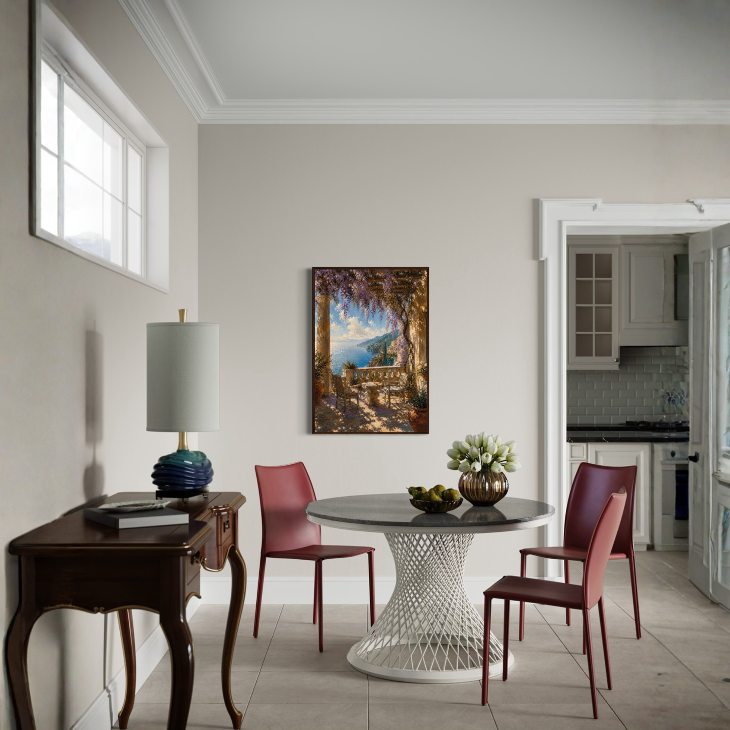 Framed wall art print titled "The Terrace" featuring Mediterranean landscape scene by LunarHeartCo, perfect for home decor.