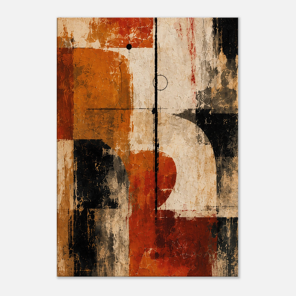 Counterweight rust abstract canvas art with burnt orange, weathered ivory, black structural forms and a fine circular detail.