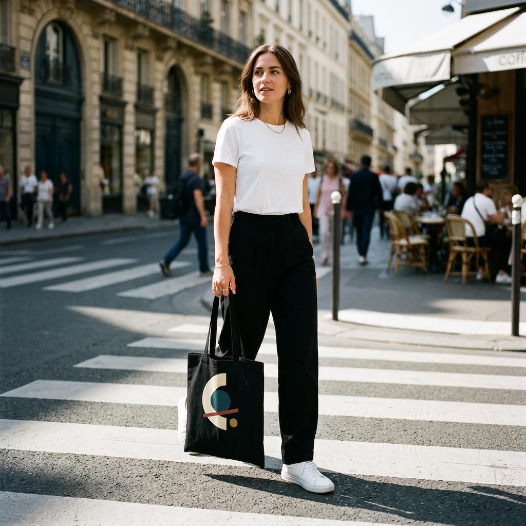 Woman carrying THE ALIGNMENT black cotton art tote while crossing a sunlit city street.
