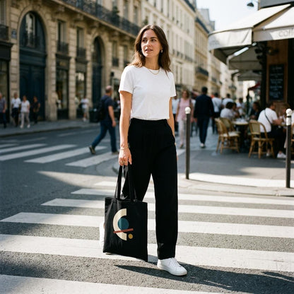 Woman carrying THE ALIGNMENT black cotton art tote while crossing a sunlit city street.