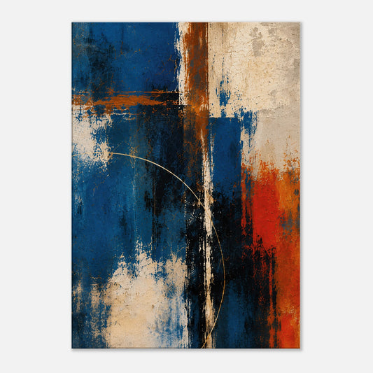 Crosscurrent blue abstract canvas art with cobalt, weathered ivory, black structural marks and rust-toned details.
