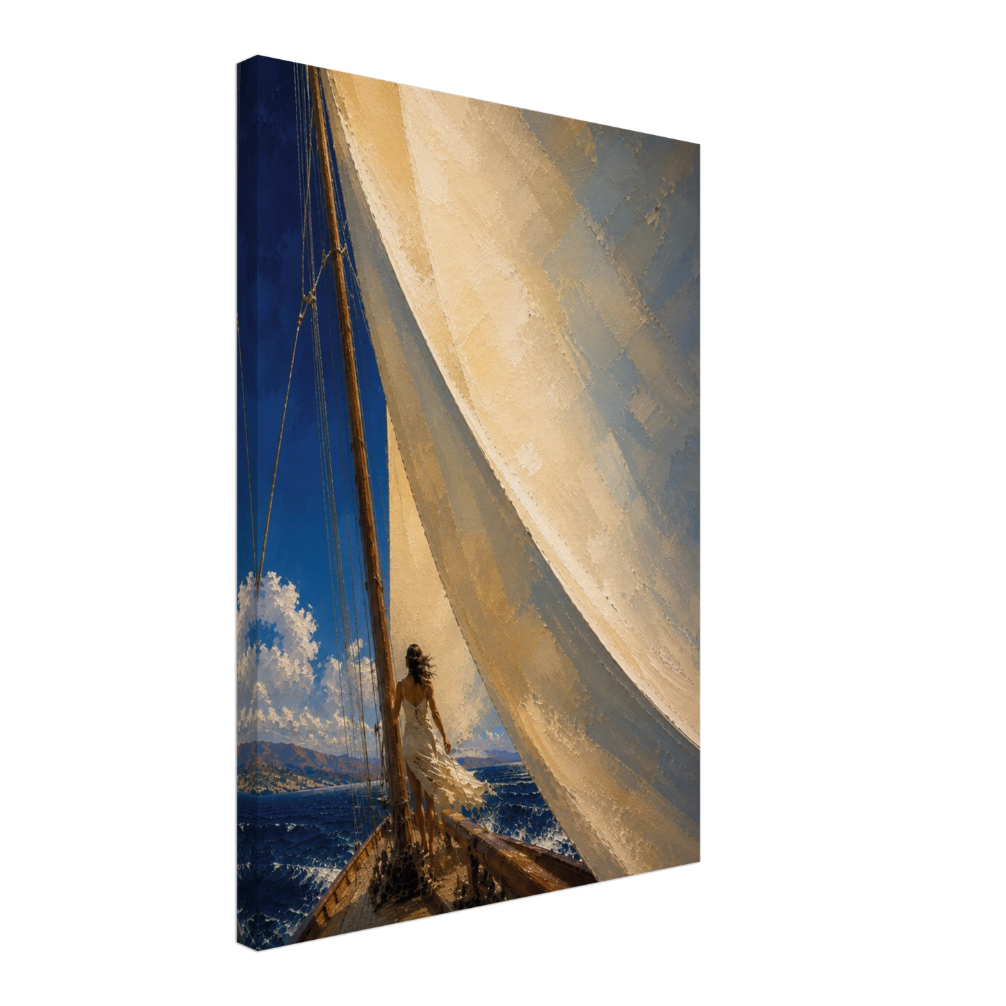 The Sail gallery-wrapped canvas showing the ivory sail, woman and cobalt sea.