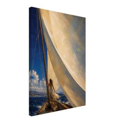 The Sail gallery-wrapped canvas showing the ivory sail, woman and cobalt sea.