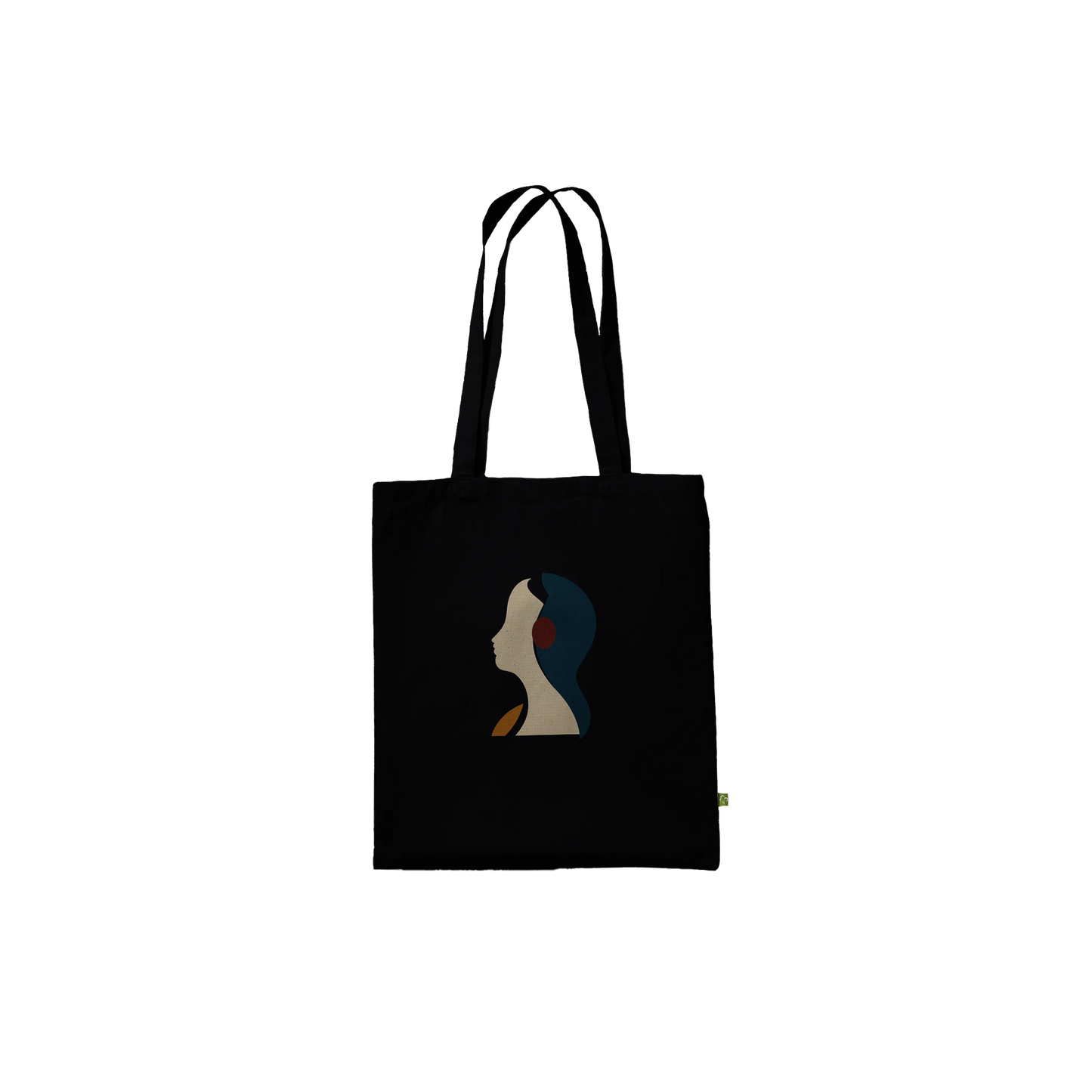 Front view of THE LISTENING black cotton tote featuring the ivory and petrol-blue sculptural profile.