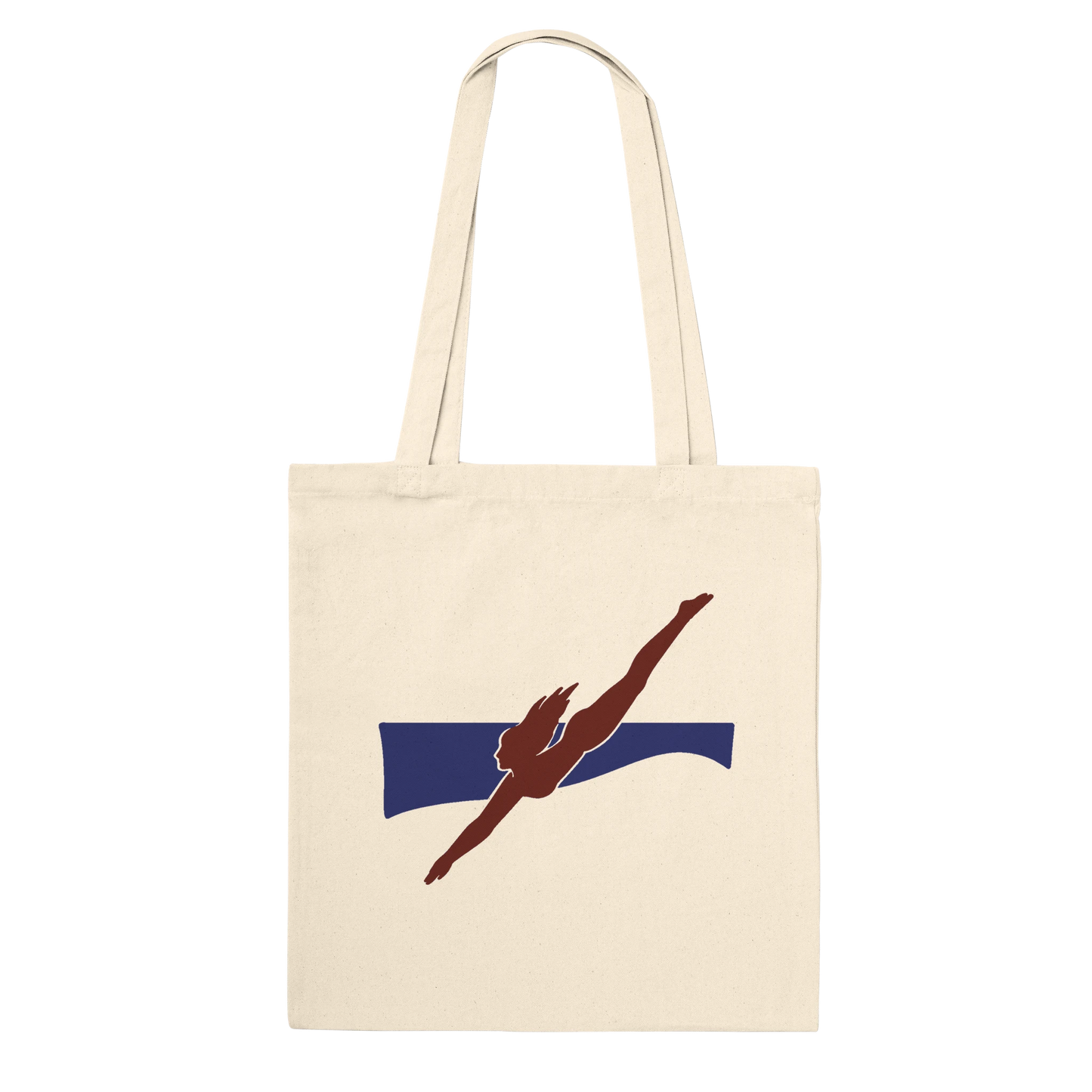 THE PULL premium natural cotton tote featuring a maroon diving figure moving through a navy abstract current.