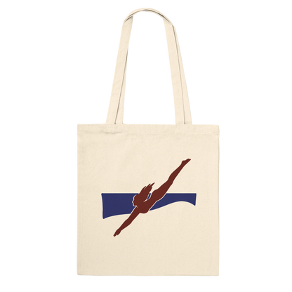 THE PULL premium natural cotton tote featuring a maroon diving figure moving through a navy abstract current.