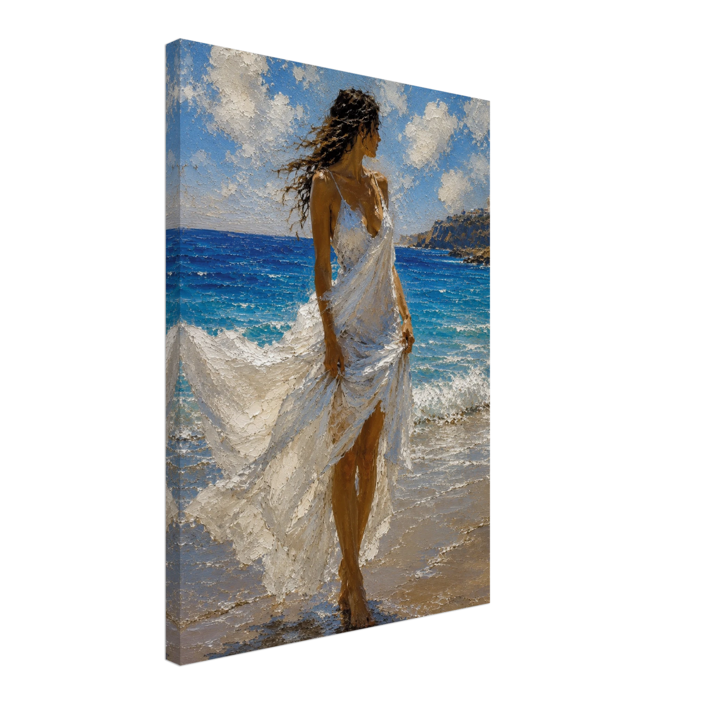 Gallery-wrapped canvas detail of Windswept with blue sea, white fabric and artwork continuing around the edges.