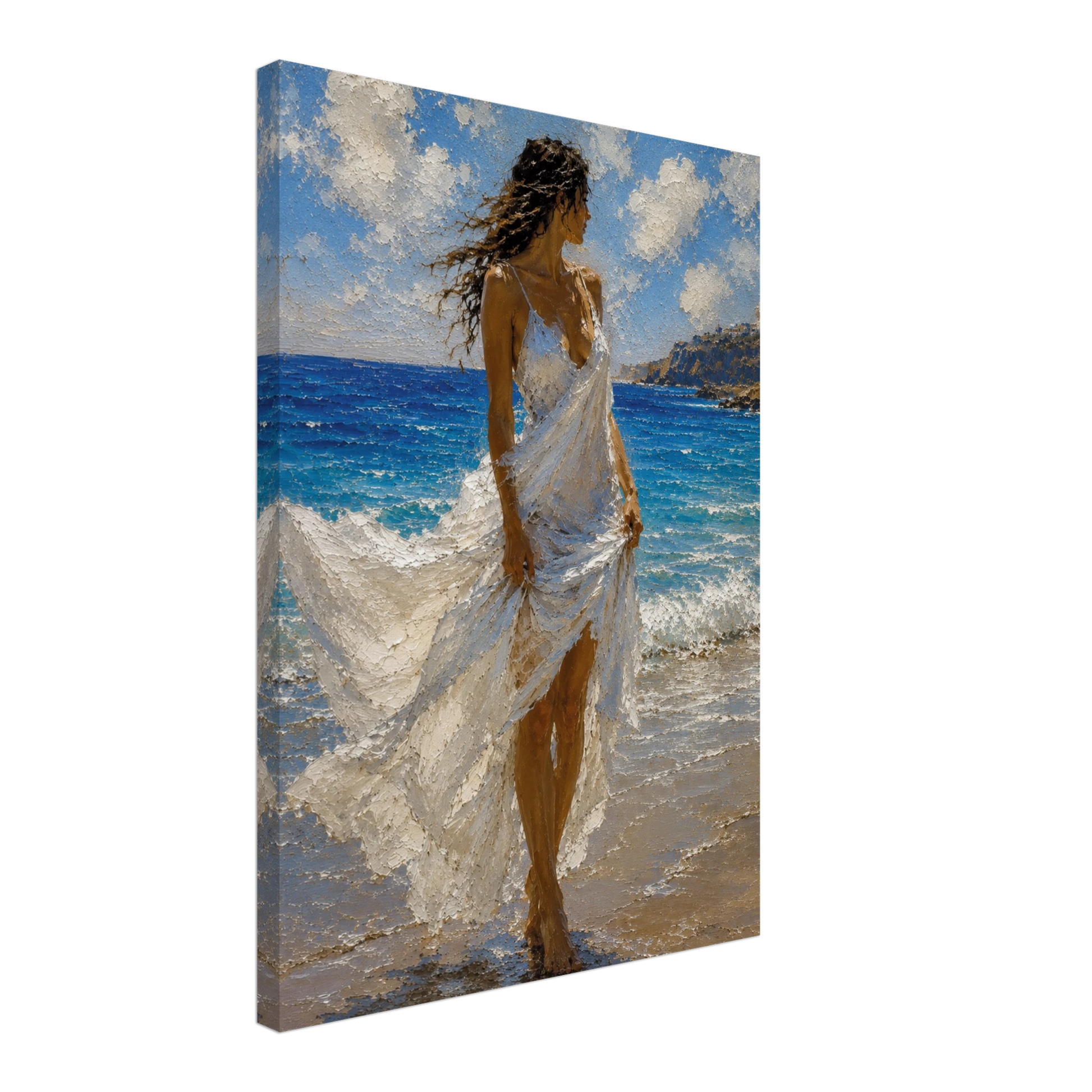 Gallery-wrapped canvas detail of Windswept with blue sea, white fabric and artwork continuing around the edges.