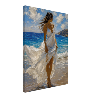 Gallery-wrapped canvas detail of Windswept with blue sea, white fabric and artwork continuing around the edges.