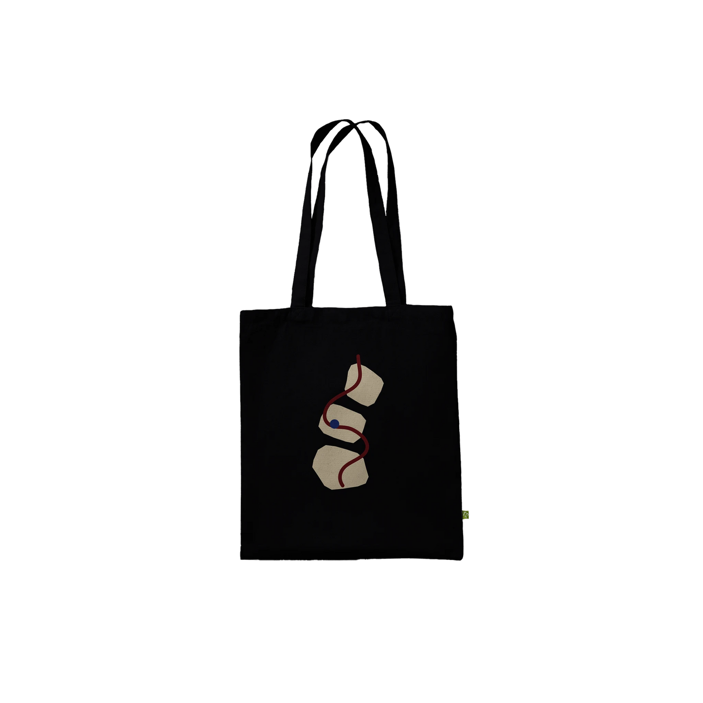 THE THREAD premium black cotton tote with ivory abstract forms, an oxblood path and mineral-blue detail.