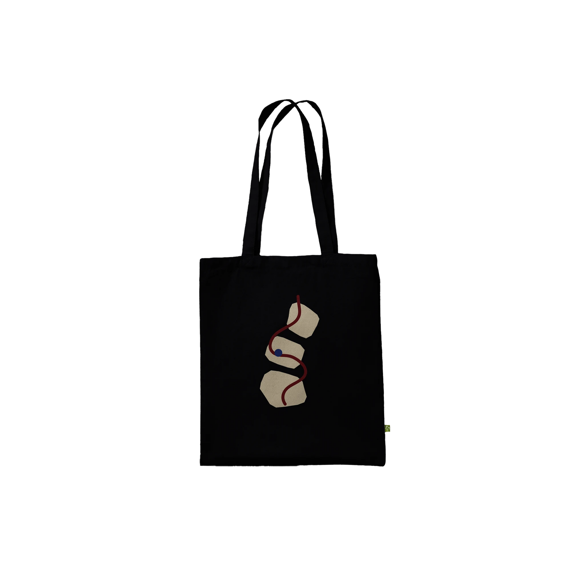 THE THREAD premium black cotton tote with ivory abstract forms, an oxblood path and mineral-blue detail.