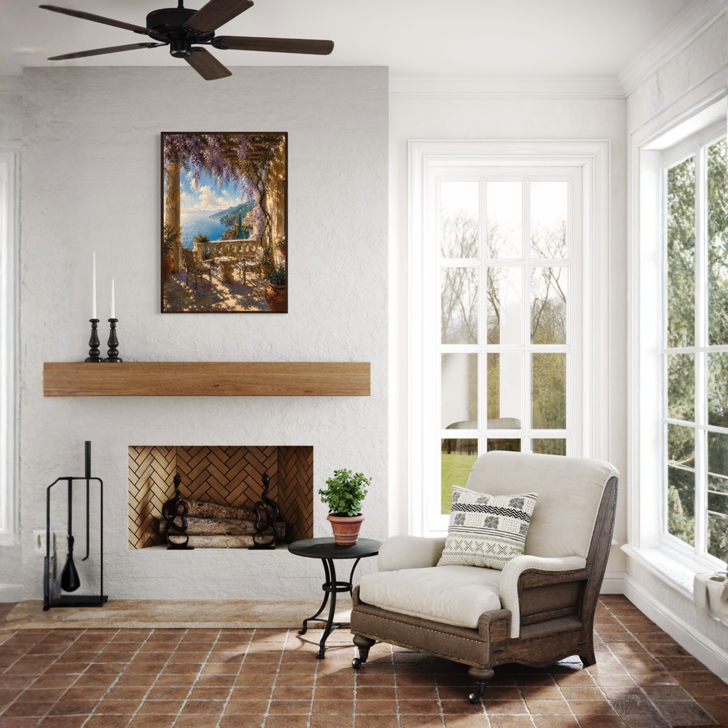 Framed wall art print titled "The Terrace" featuring Mediterranean landscape, by LunarHeartCo, displayed in a modern interior setting