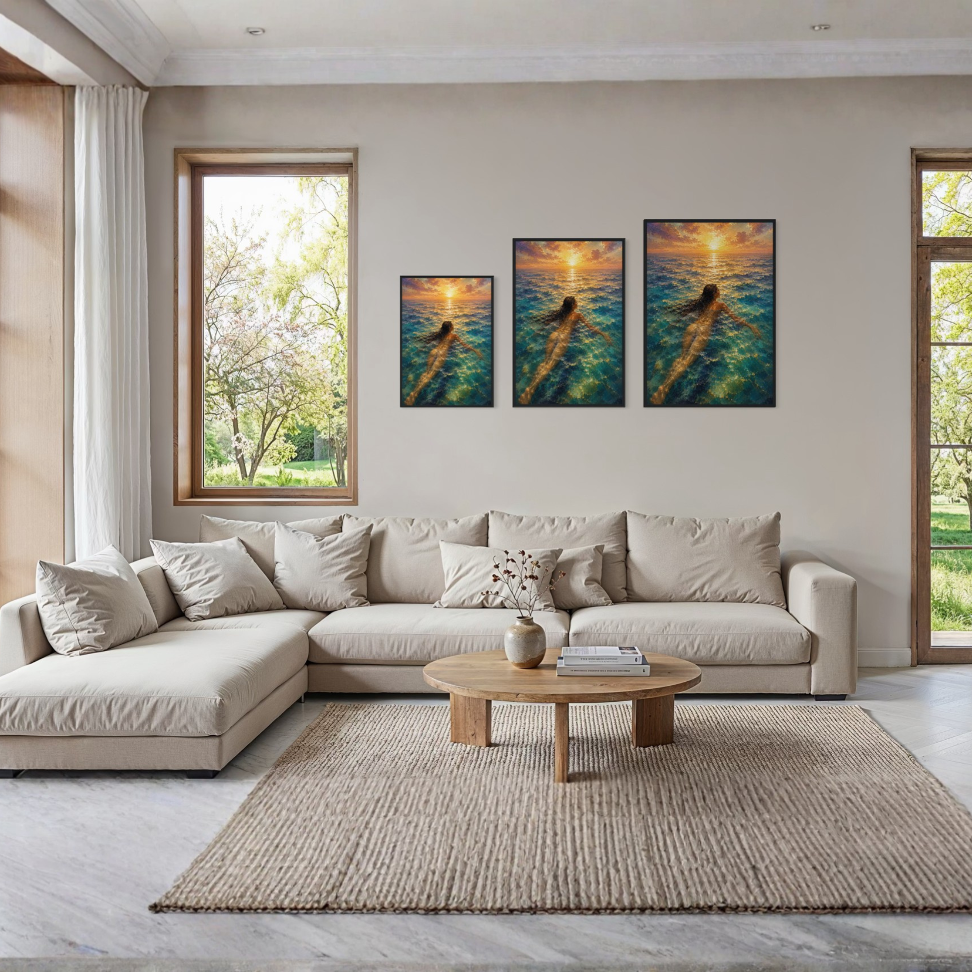 The Current Mediterranean framed art print displayed in a calm luxury coastal interior.
