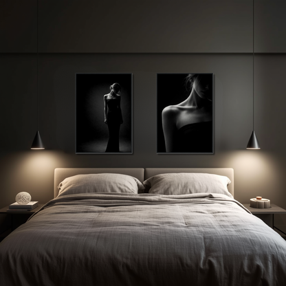 Framed fine art prints of Noir Studies Foundation Pair by LunarHeartCo, featuring black and white abstract designs in sleek frames.