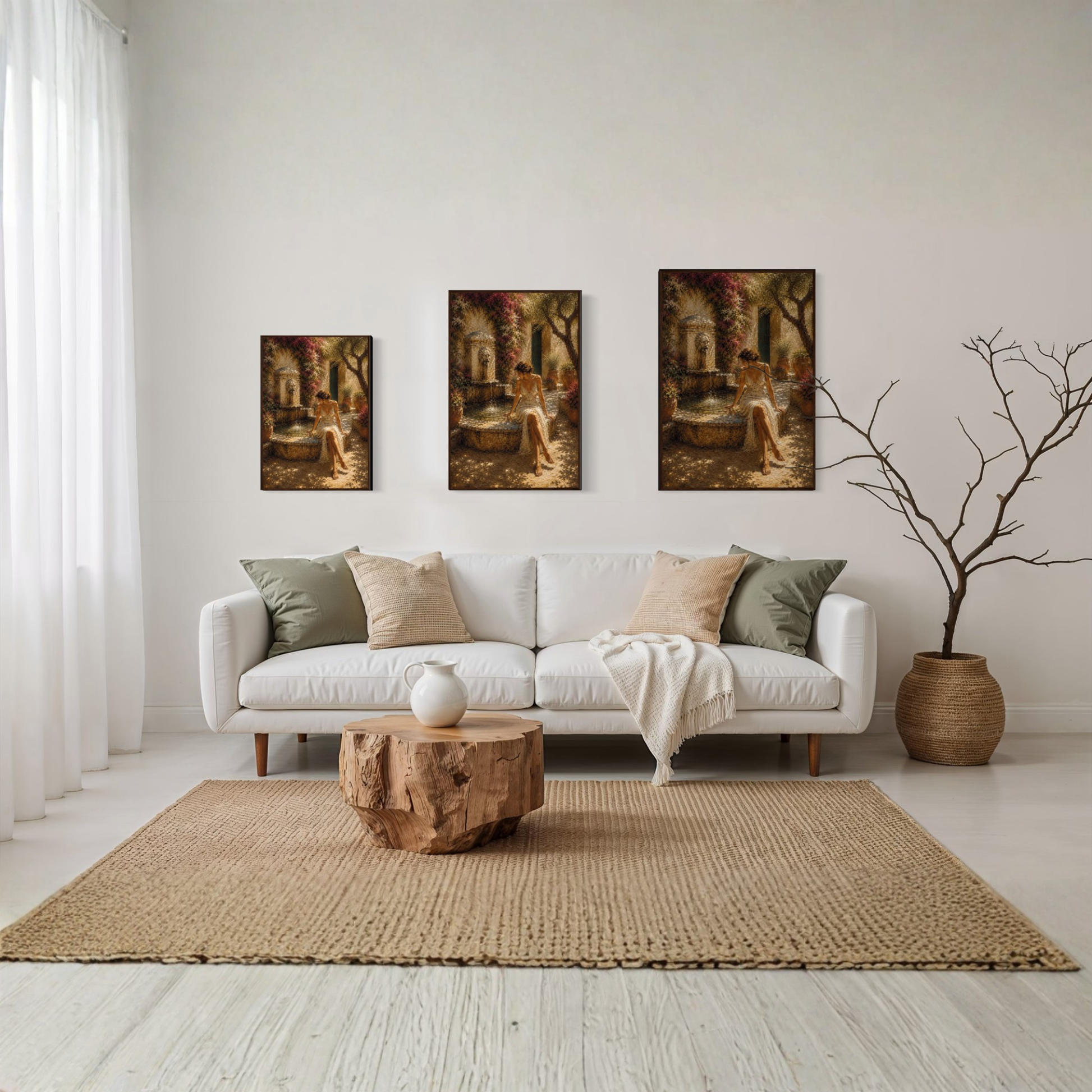 The Fountain Mediterranean framed art print displayed in a calm luxury interior.