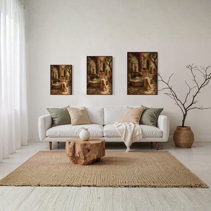 The Fountain Mediterranean framed art print displayed in a calm luxury interior.