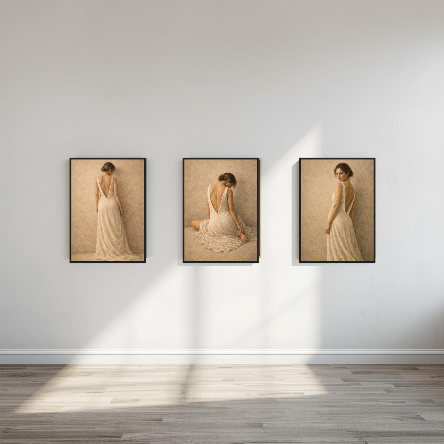 Stillness, Held — Complete 3-Piece Series, Contemporary Figurative Framed Art (50×70 cm) - LunarHeartCo