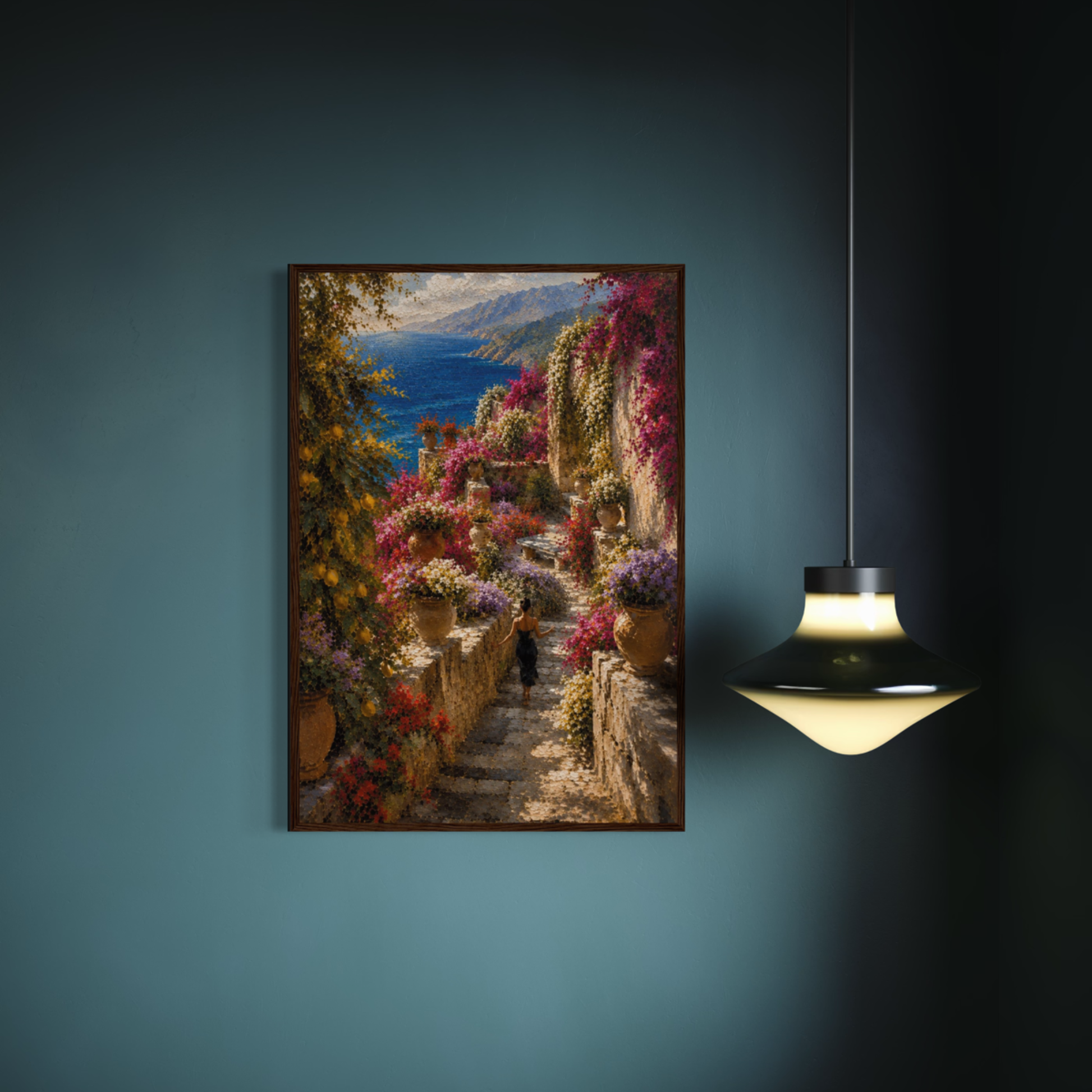 Framed art print titled "The Garden" featuring Mediterranean-inspired landscape with lush greenery and vibrant colors.