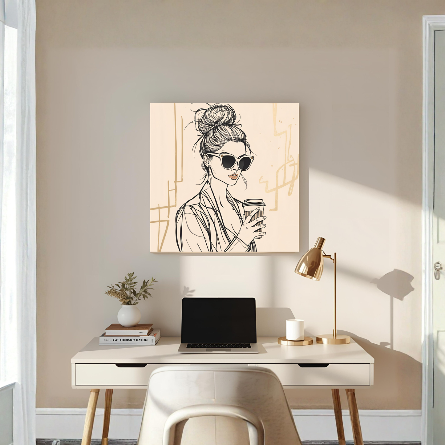 Beige Line-Art Coffee Girl – 16×16 Fashion Illustration Canvas Wall Art - LunarHeartCo