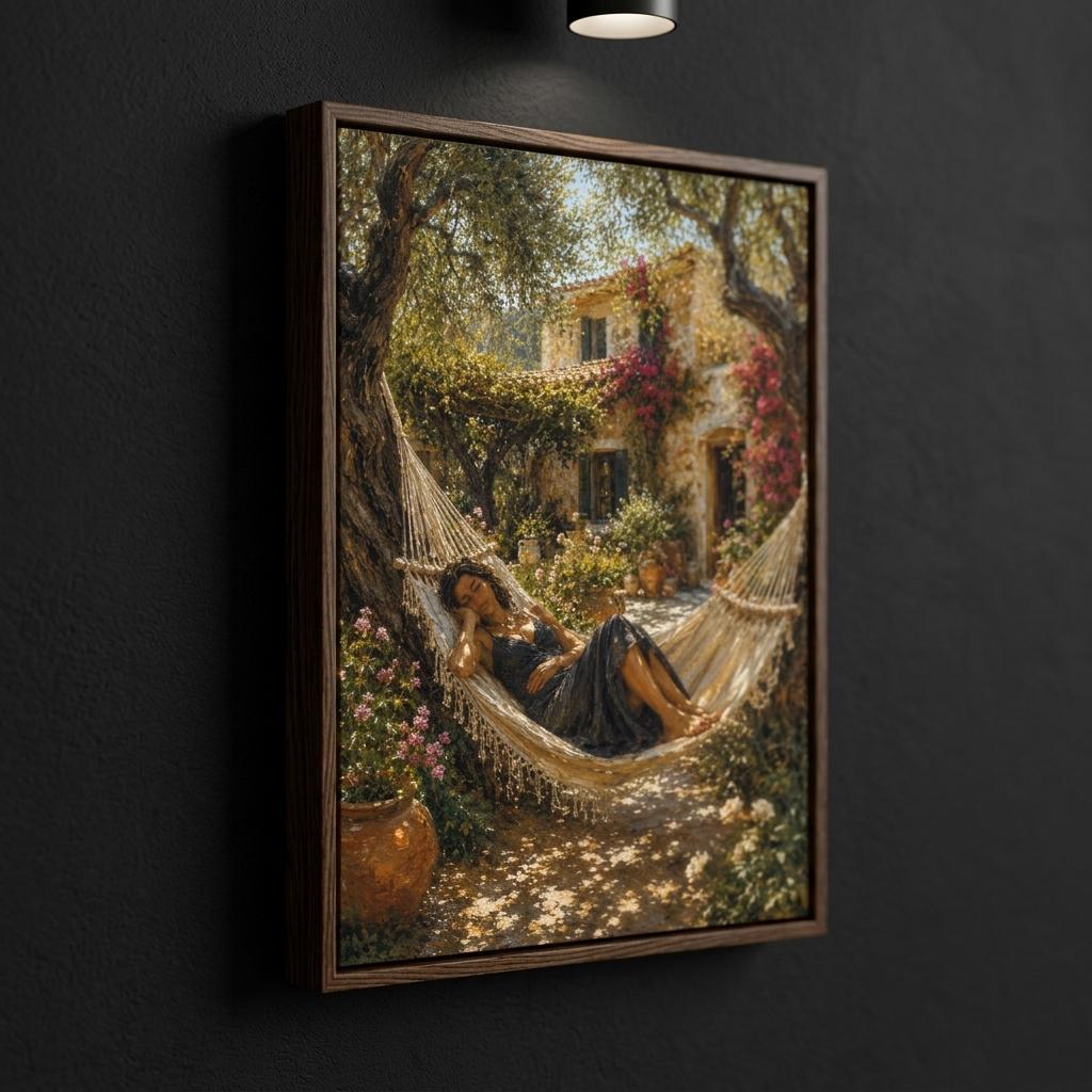 Close-up of Mediterranean garden wall art with hammock, resting woman, flowers, terracotta pots, old trees and warm villa light.