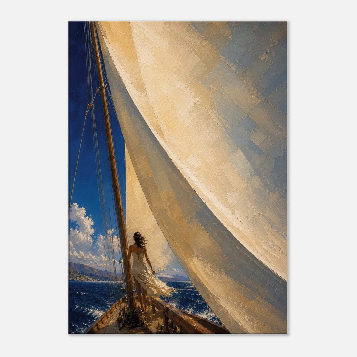 The Sail Mediterranean canvas art featuring a woman standing beneath a monumental ivory sail on deep blue sea.