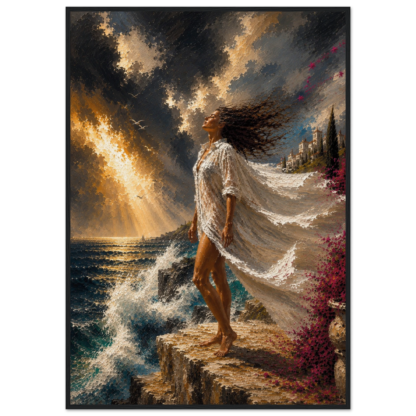The Clearing Mediterranean storm art displayed in a black wood frame.