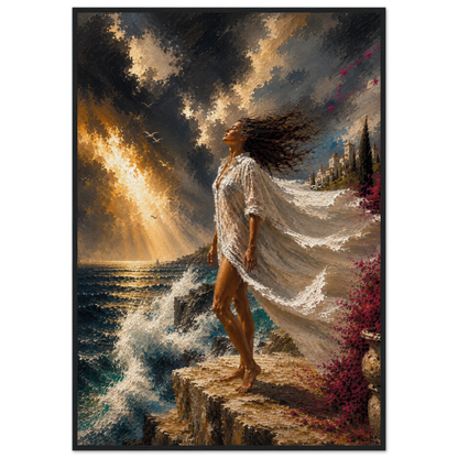The Clearing Mediterranean storm art displayed in a black wood frame.