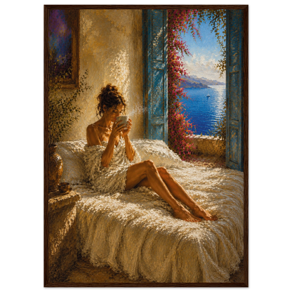 Mediterranean morning wall art displayed in a dark wood frame in a warm interior.