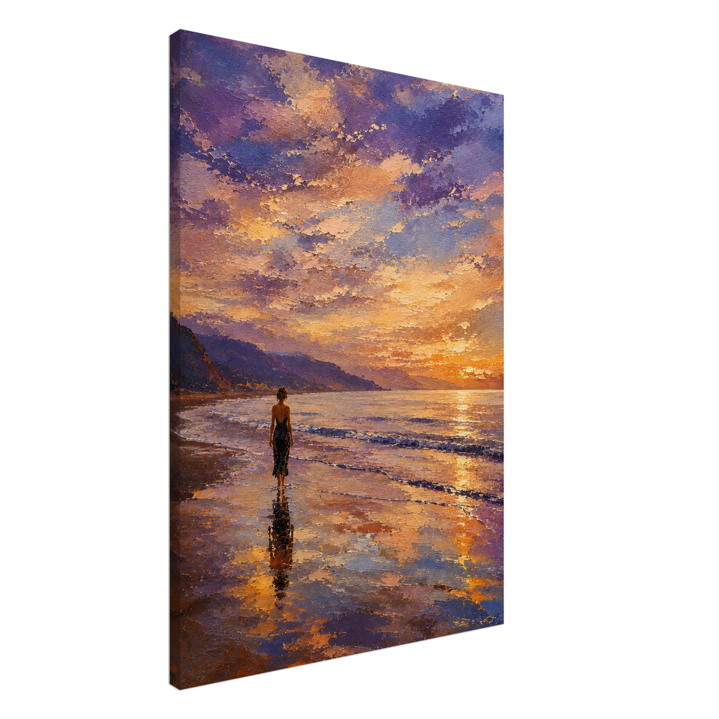 Gallery-wrapped canvas detail of The Shore with sunset reflections, wet sand and artwork continuing around the edges.
